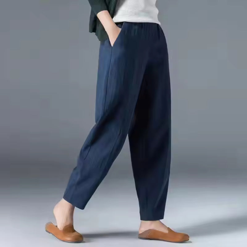 Women's Linen Look Pants in Summer with Wide Legs and Side Pockets