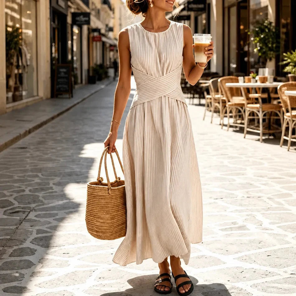 Women's Maxi Sundress with Crossover Wrap Waist in Woven Fabric