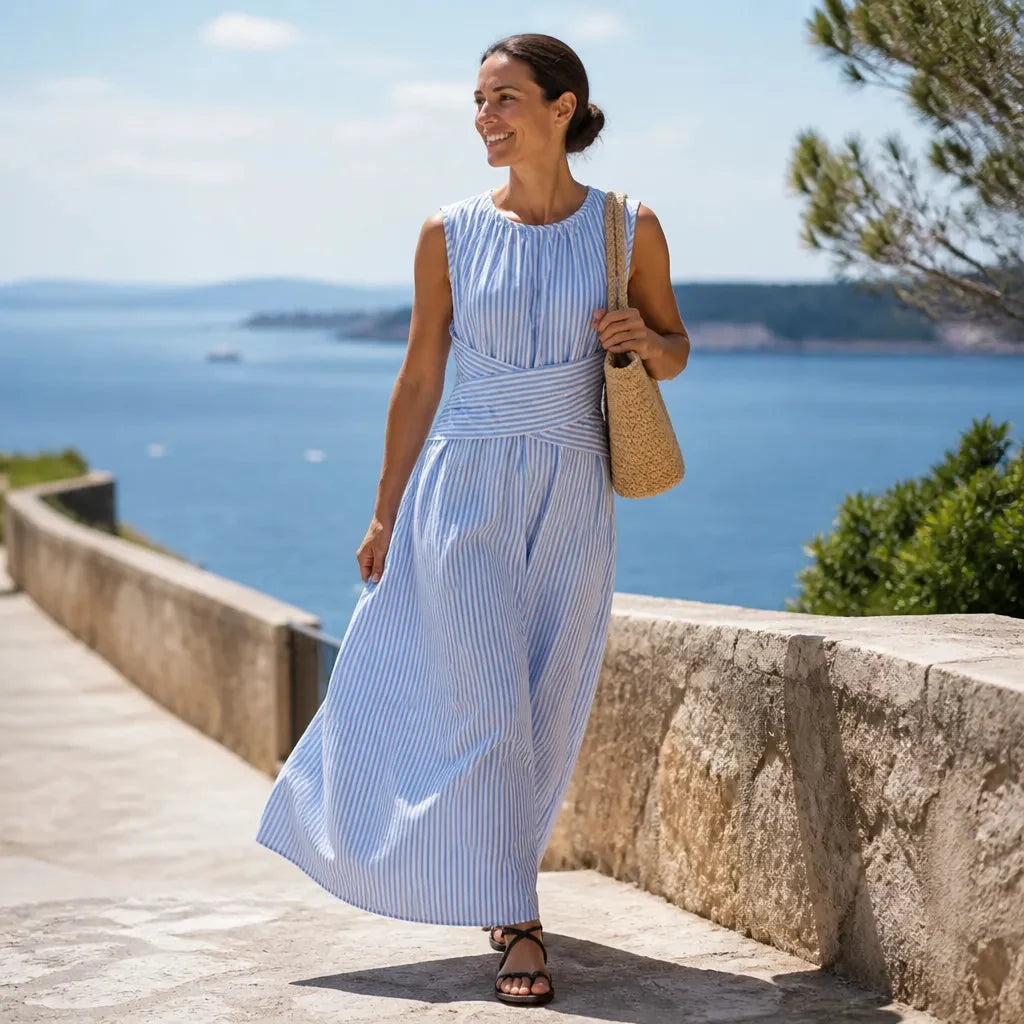 Women's Maxi Sundress with Crossover Wrap Waist in Woven Fabric