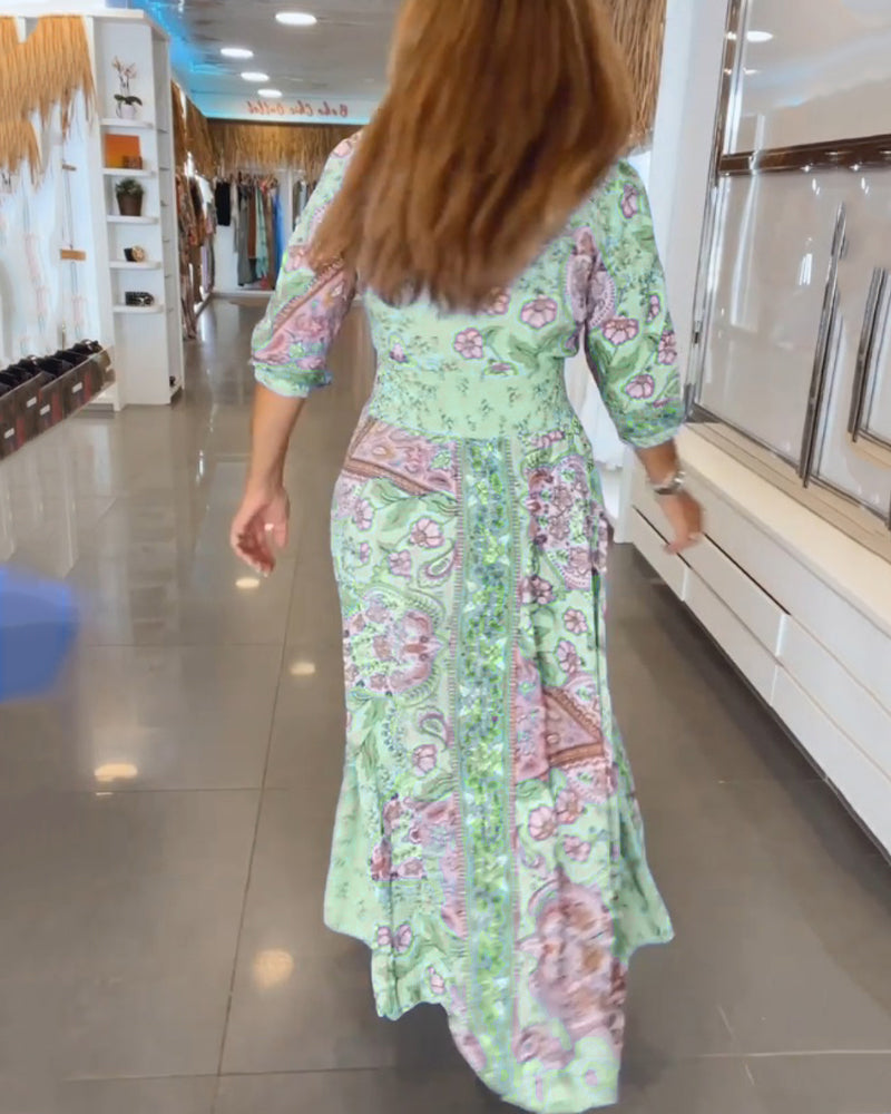 Women's Maxi Sundress with V-Neck and 3/4 Sleeves in Paisley Print