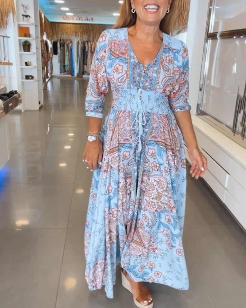Women's Maxi Sundress with V-Neck and 3/4 Sleeves in Paisley Print