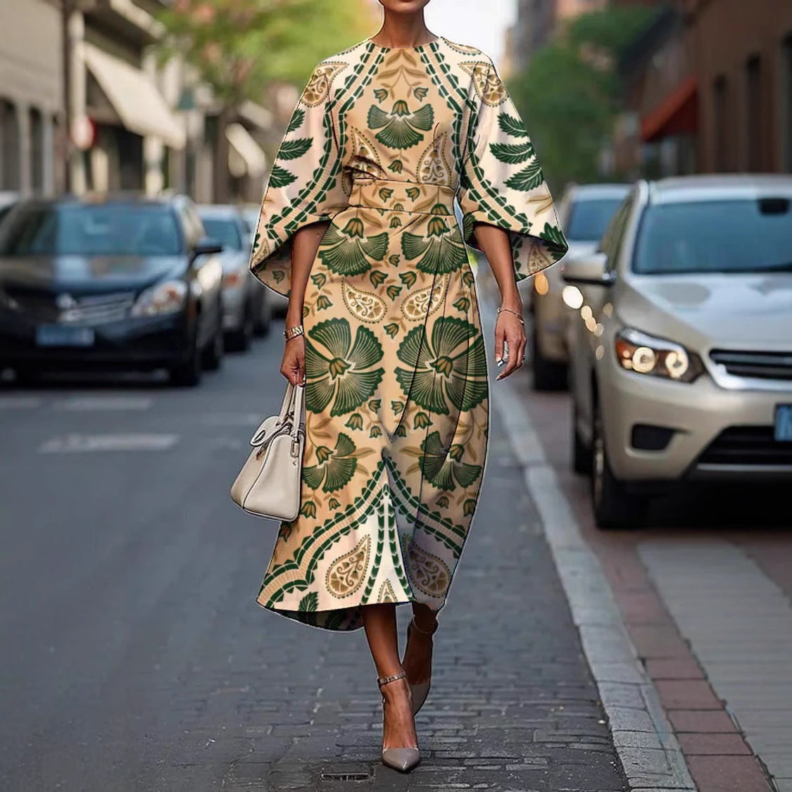 Women's Midi Summer Dresses with Batwing Sleeves and Abstract Print