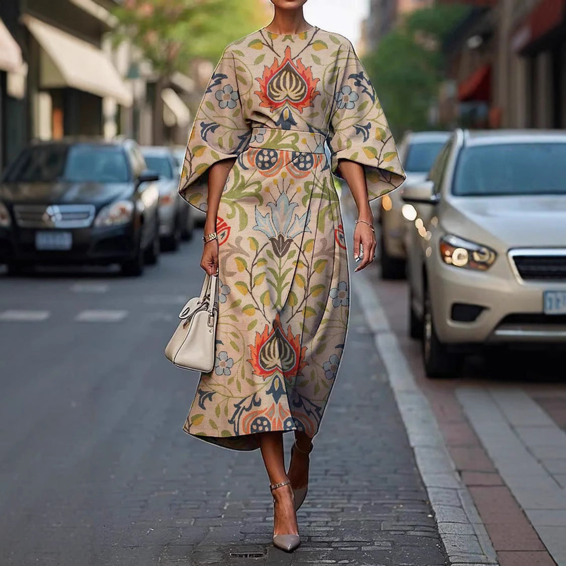Women's Midi Summer Dresses with Batwing Sleeves and Abstract Print