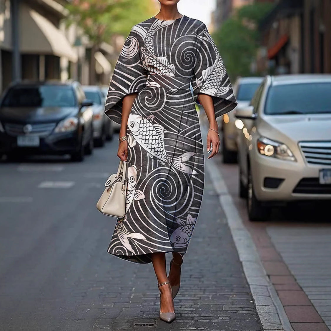 Women's Midi Summer Dresses with Batwing Sleeves and Abstract Print