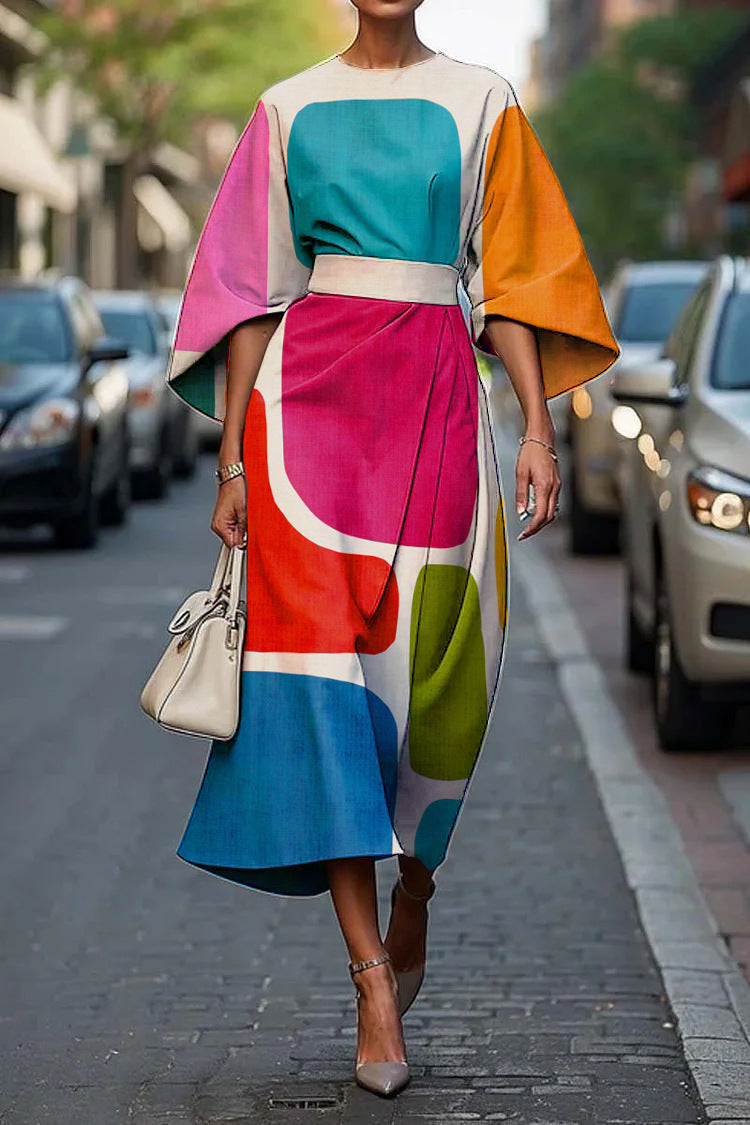 Women's Midi Summer Dresses with Batwing Sleeves and Abstract Print