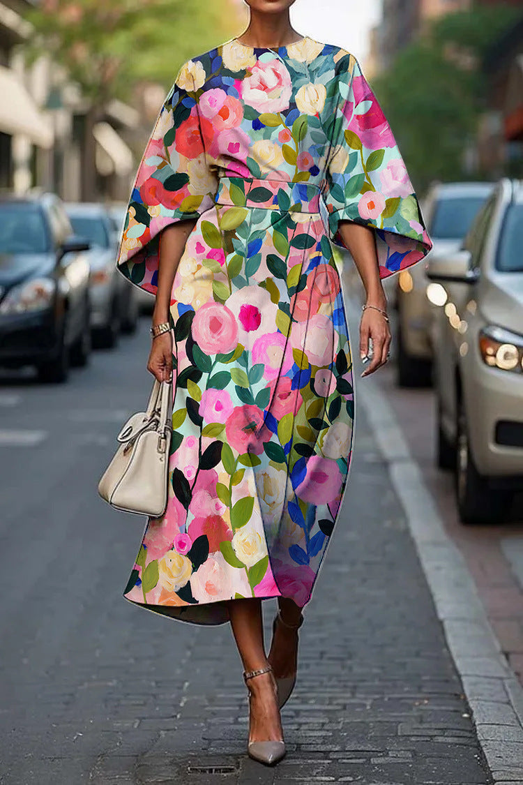 Women's Midi Summer Dresses with Batwing Sleeves and Abstract Print