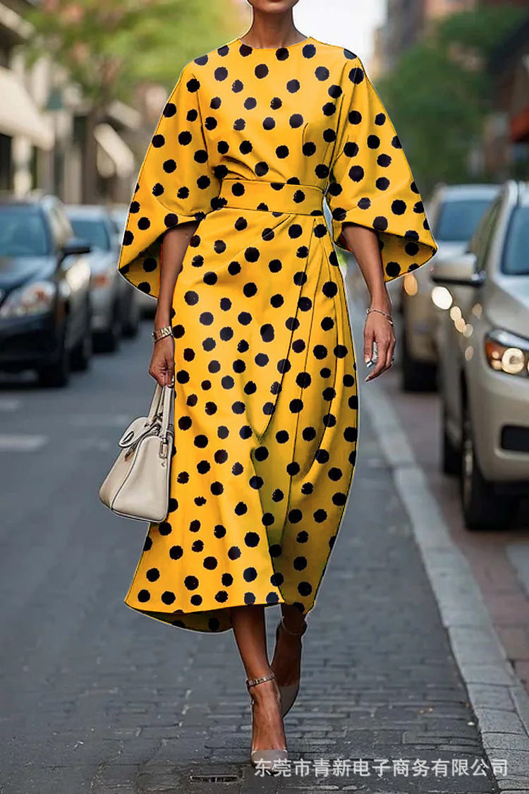 Women's Midi Summer Dresses with Batwing Sleeves and Abstract Print