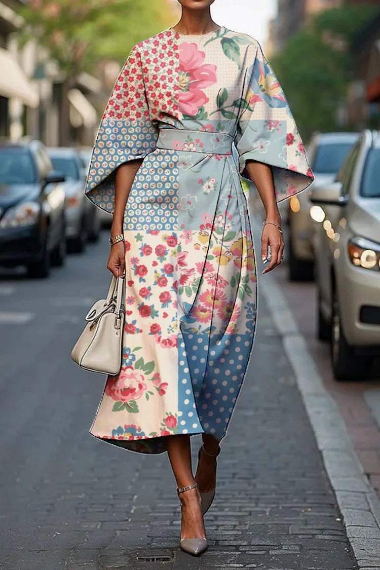 Women's Midi Summer Dresses with Batwing Sleeves and Abstract Print