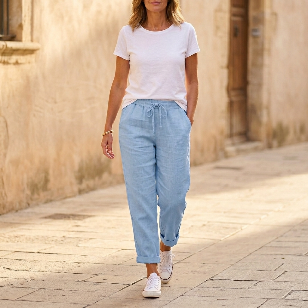 Women's Relaxed Linen-Look Pants in Summer with Drawstring Waist