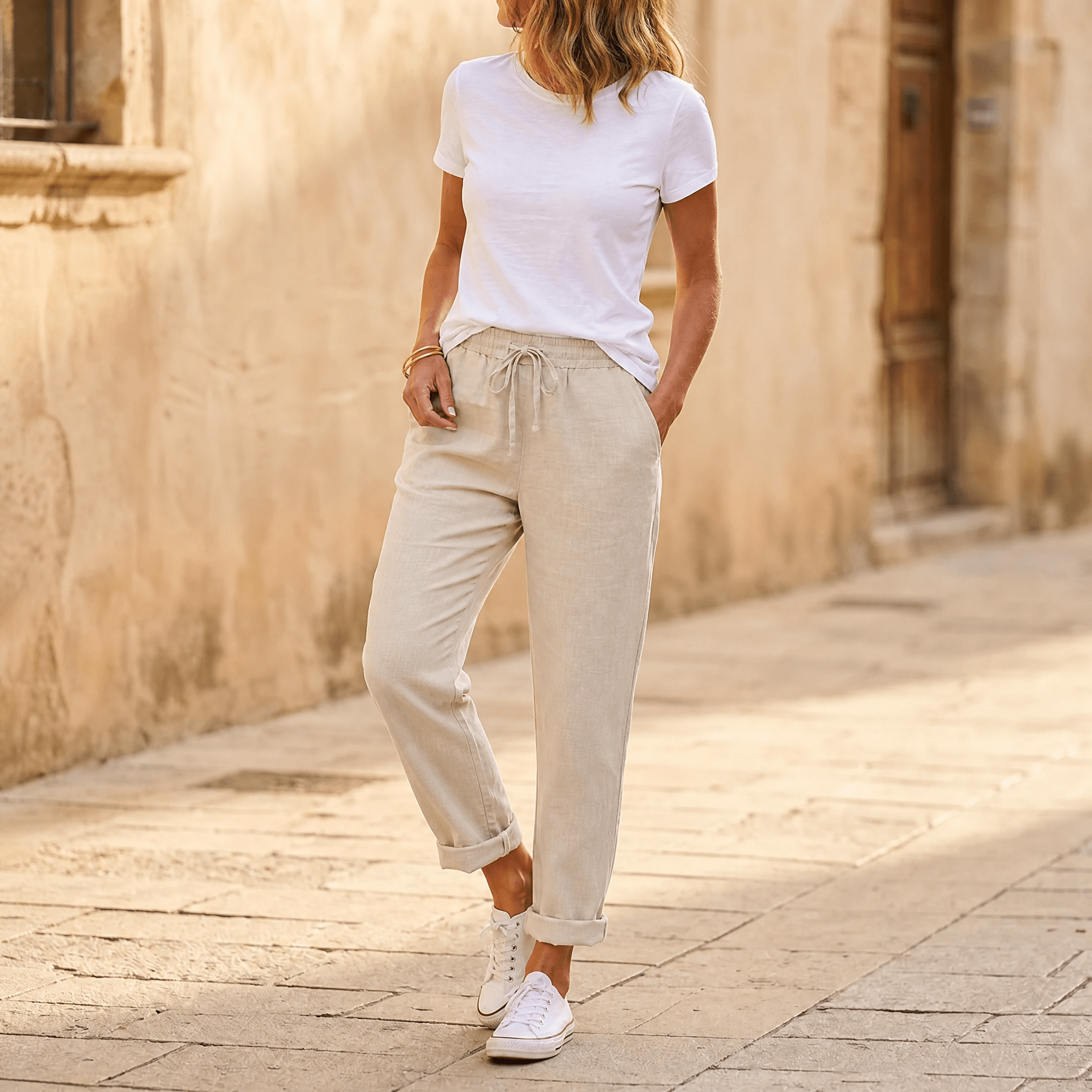 Women's Relaxed Linen-Look Pants in Summer with Drawstring Waist
