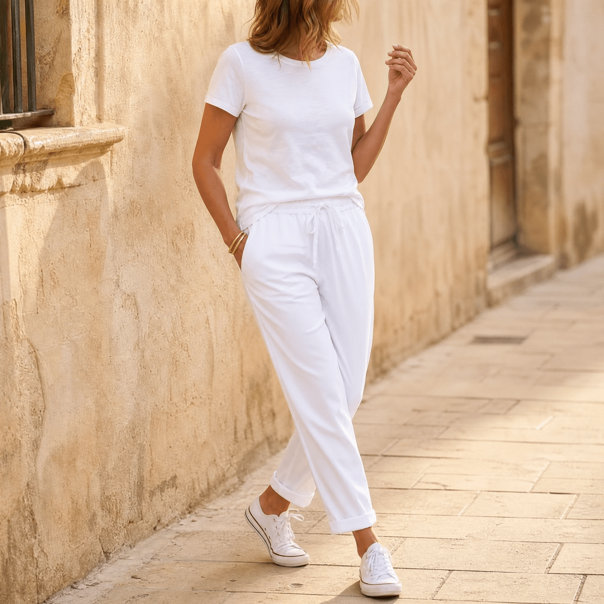 Women's Relaxed Linen-Look Pants in Summer with Drawstring Waist