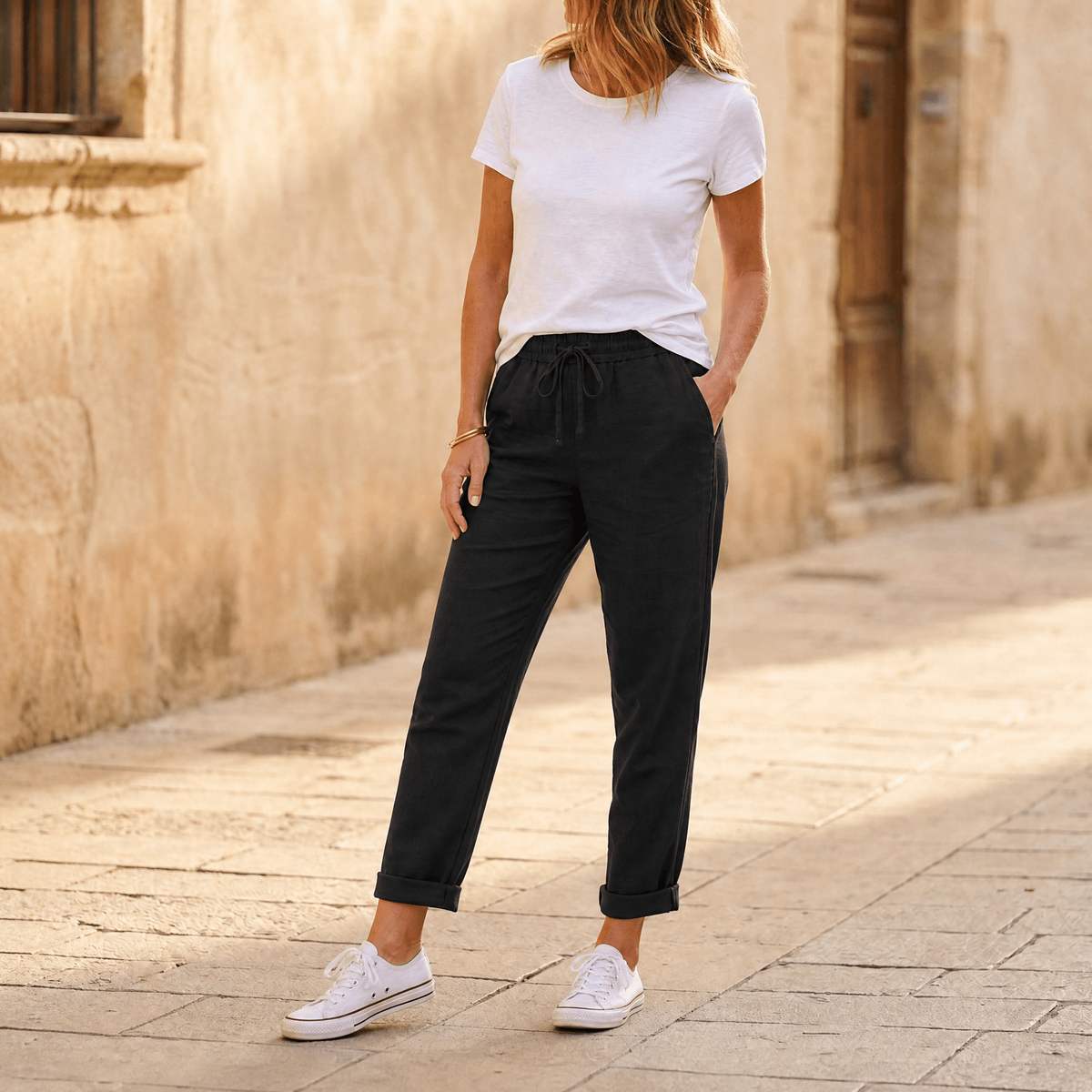 Women's Relaxed Linen-Look Pants in Summer with Drawstring Waist