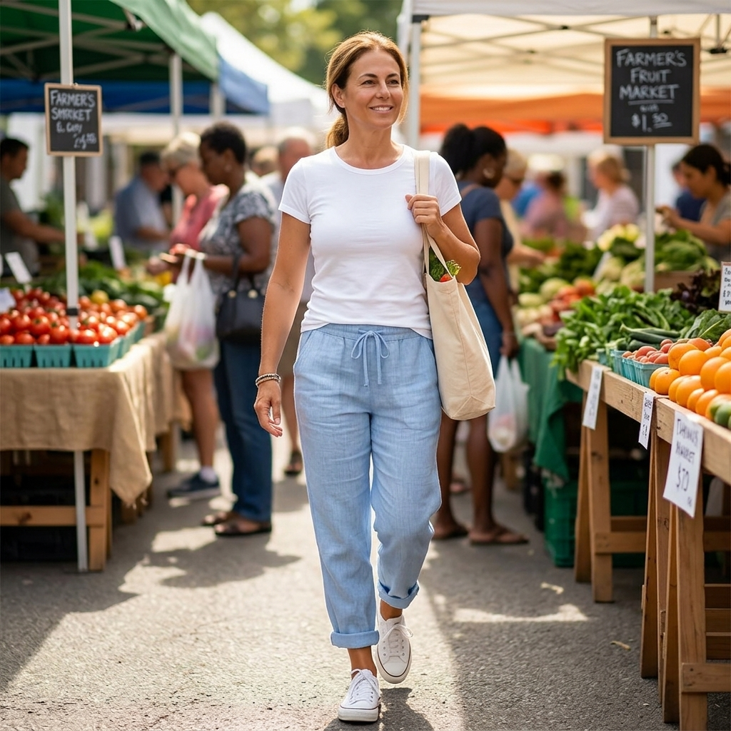 Women's Relaxed Linen-Look Pants in Summer with Drawstring Waist