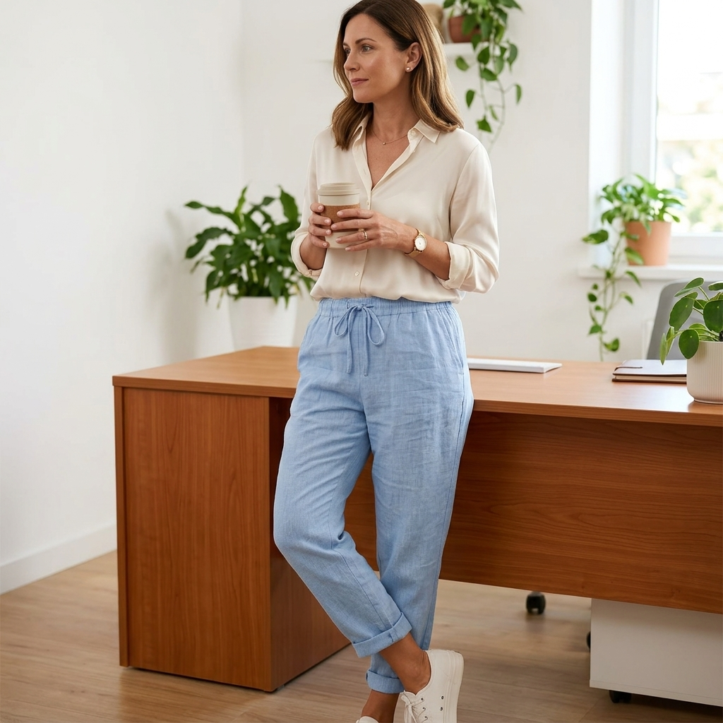 Women's Relaxed Linen-Look Pants in Summer with Drawstring Waist