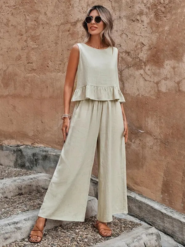 Women's Ruffle Hem Top and Wide Leg Summer Pants Set in Linen-Look