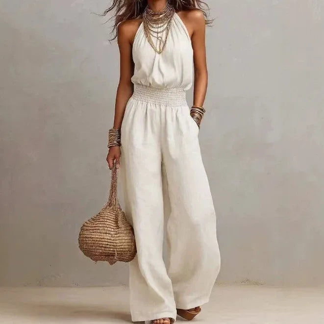 Women's Sleeveless Summer Jumpsuits with Halter Neck and Wide Leg