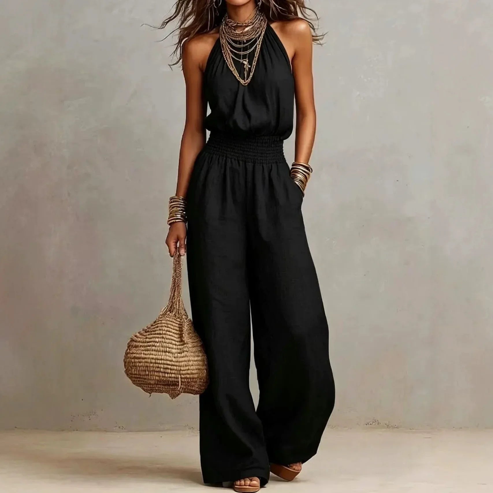 Women's Sleeveless Summer Jumpsuits with Halter Neck and Wide Leg