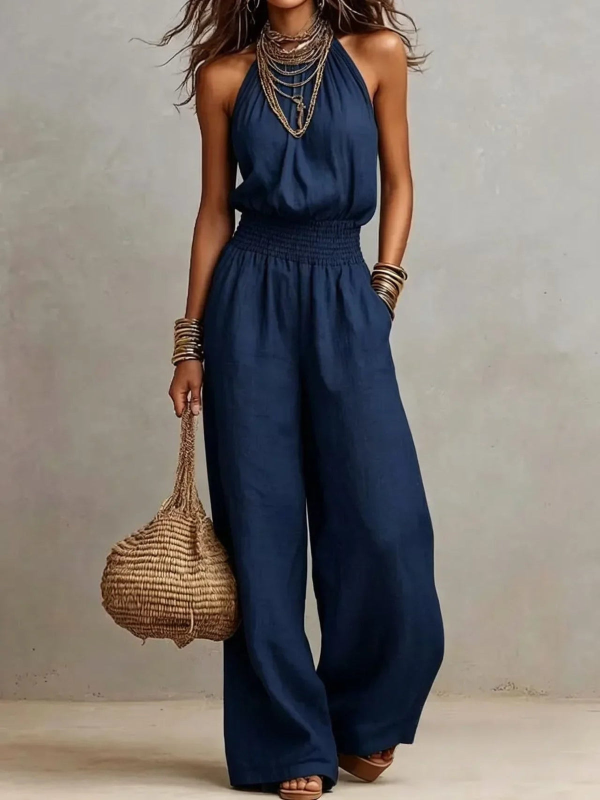 Women's Sleeveless Summer Jumpsuits with Halter Neck and Wide Leg