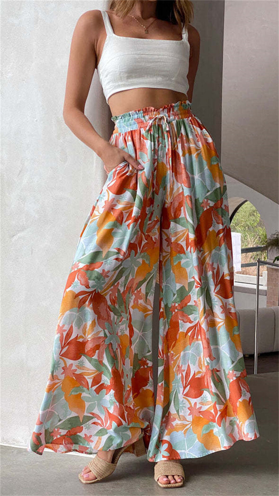 Women's Summer Pants with Drawstring Waist in Flowing Woven Fabric