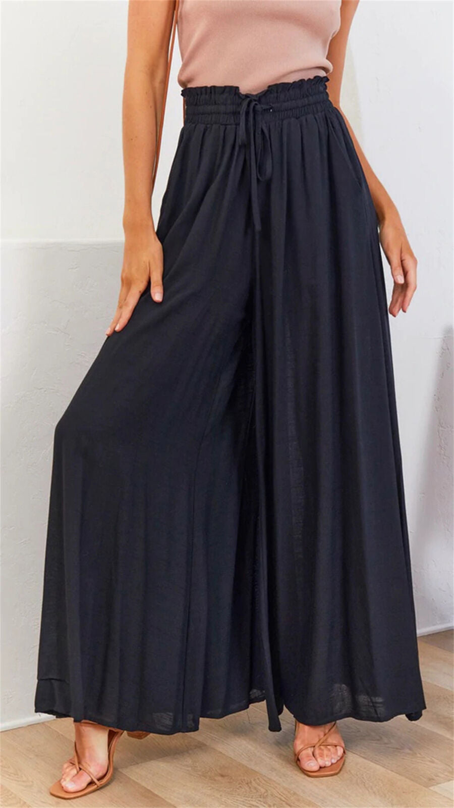 Women's Summer Pants with Drawstring Waist in Flowing Woven Fabric