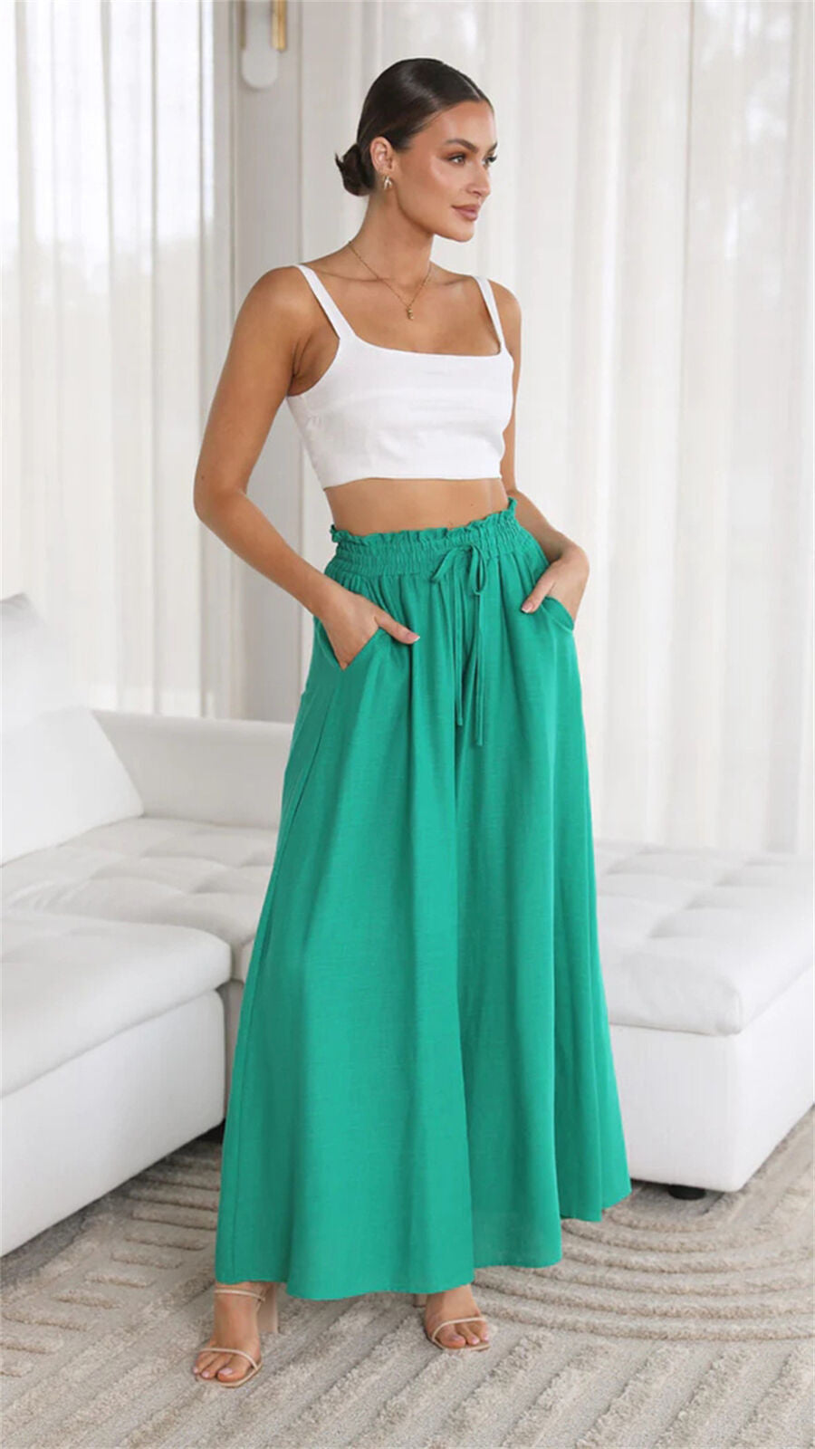 Women's Summer Pants with Drawstring Waist in Flowing Woven Fabric