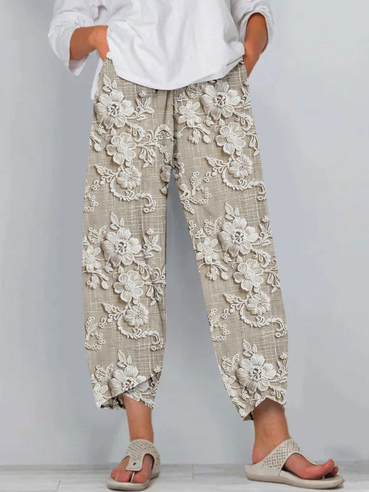 Women's Summer Pants with Floral Print and Wide Legs in Linen Look
