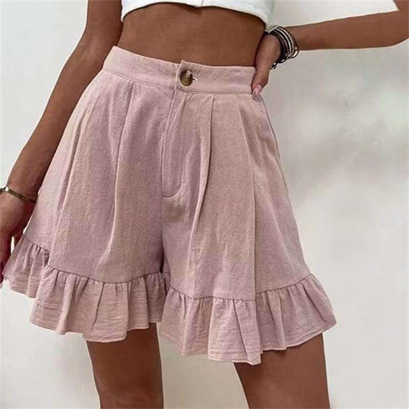 Womens Summer Shorts with Ruffle Hem, High Waist and Side Pockets