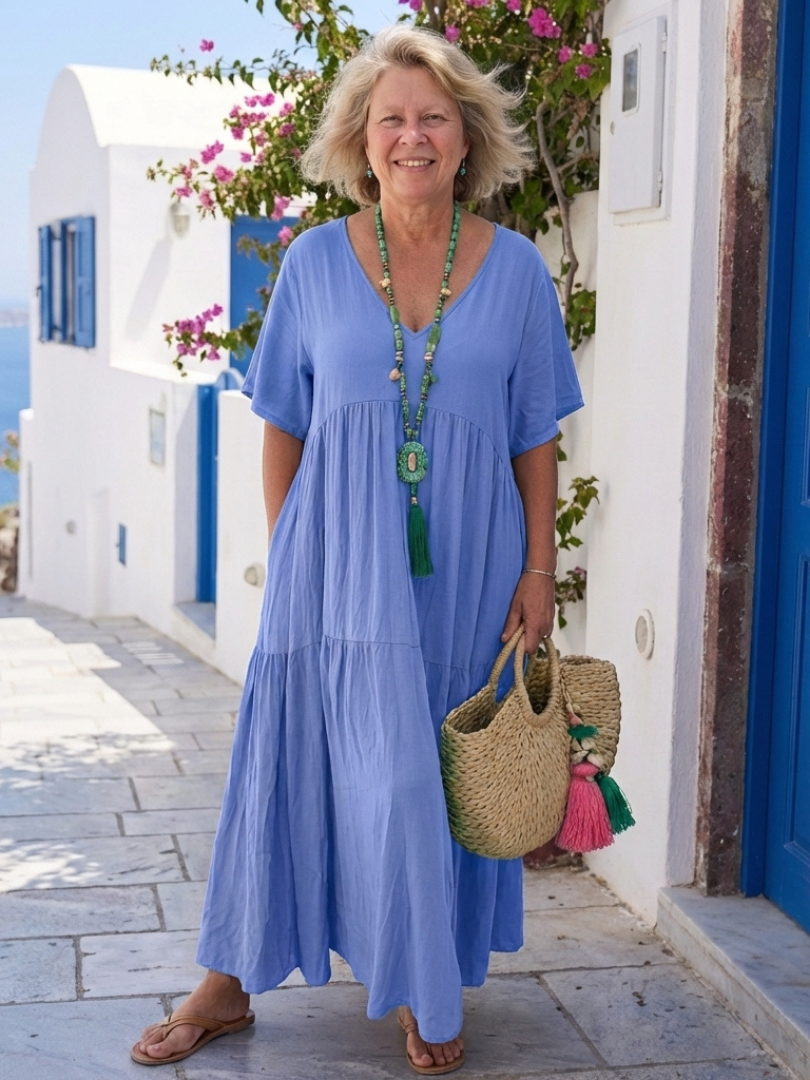 Women's Tiered Maxi Sundress with Pockets and V-Neck in Linen Look