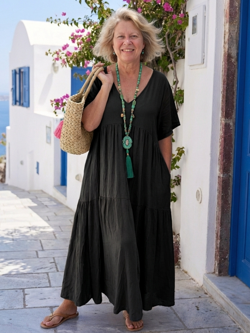 Women's Tiered Maxi Sundress with Pockets and V-Neck in Linen Look