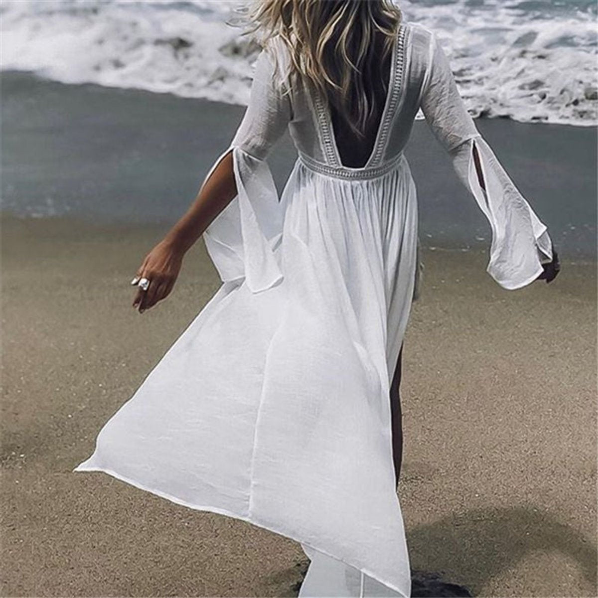 Women's White Maxi Sundress with Open Back and Flare Sleeves