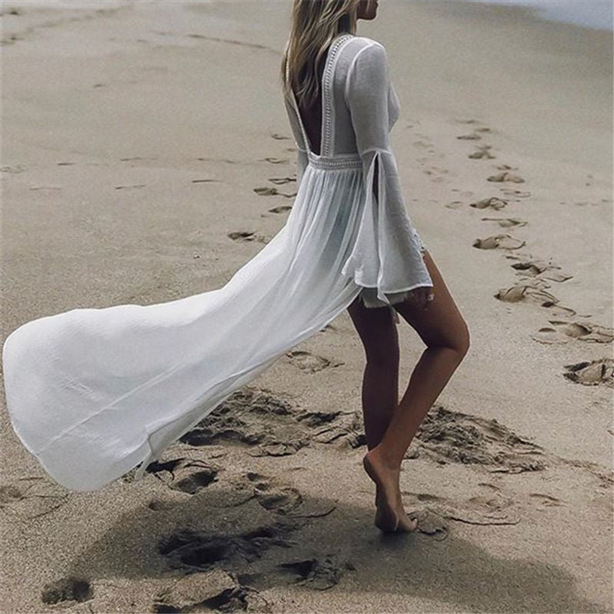 Women's White Maxi Sundress with Open Back and Flare Sleeves