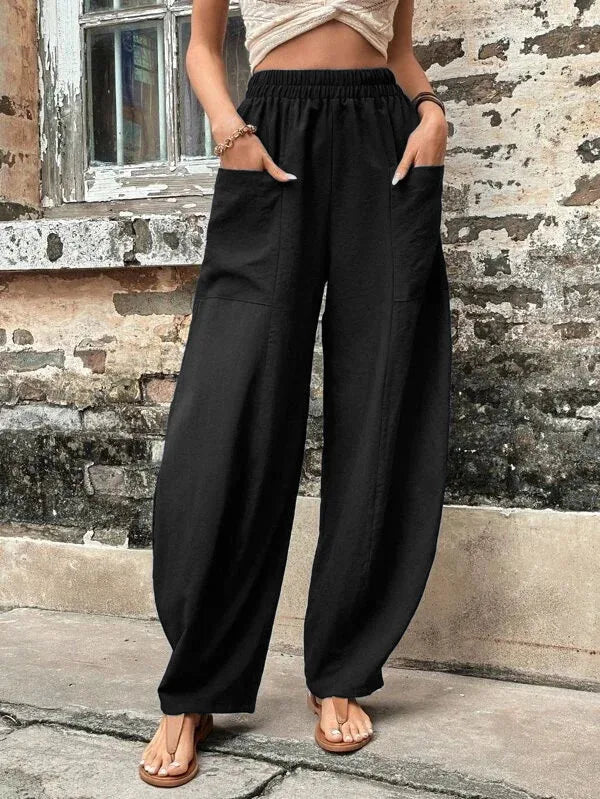 Women's Wide Leg Linen Pants in Summer with Smocked High Waist