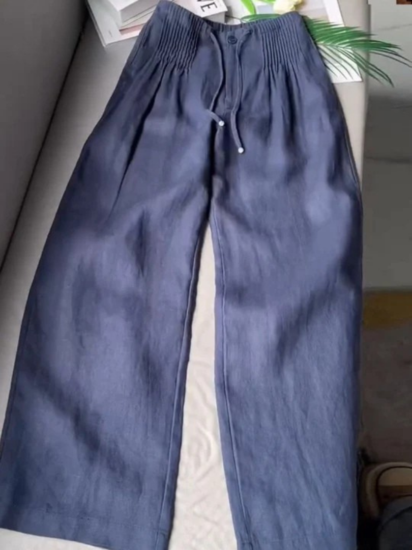 Womens Wide Leg Pants with Elastic Waistband in Linen Look