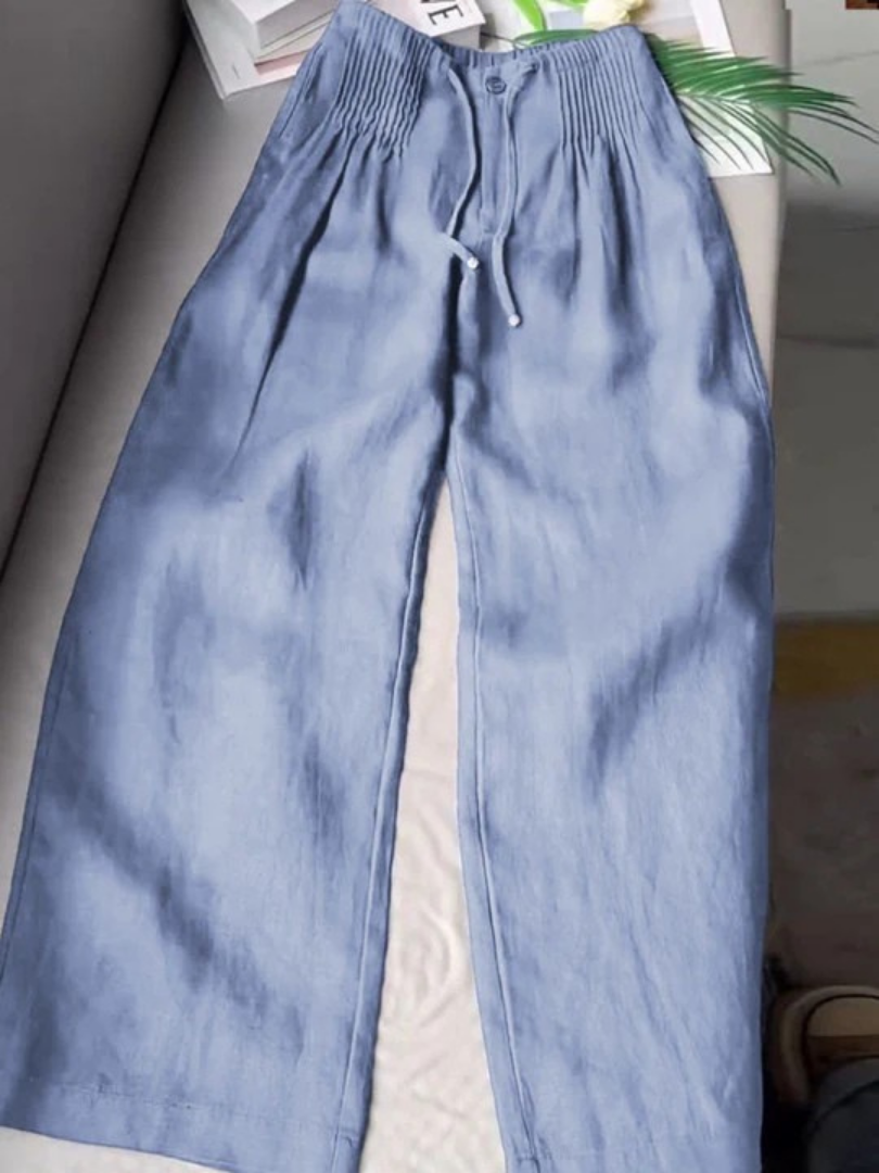 Womens Wide Leg Pants with Elastic Waistband in Linen Look