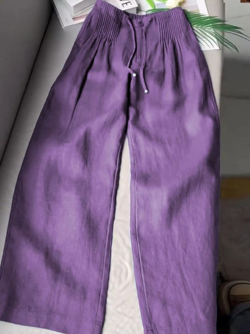 Womens Wide Leg Pants with Elastic Waistband in Linen Look