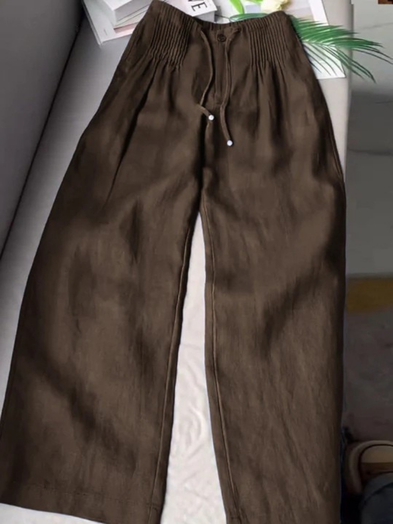 Womens Wide Leg Pants with Elastic Waistband in Linen Look