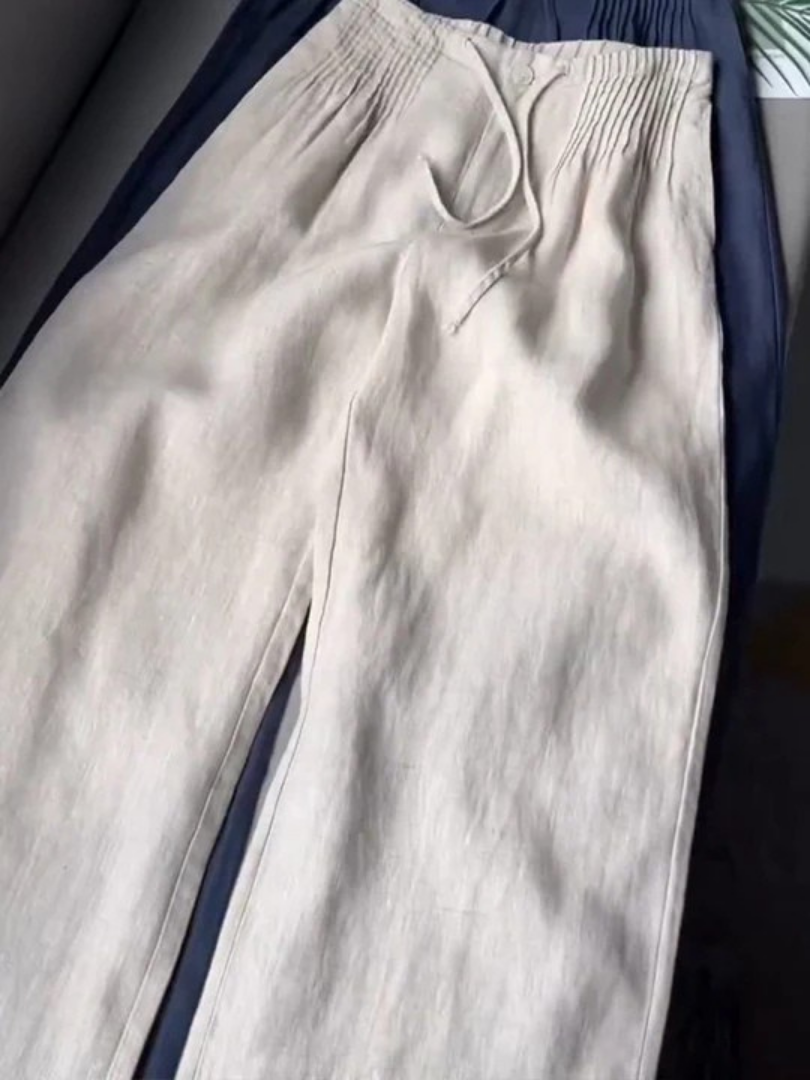 Womens Wide Leg Pants with Elastic Waistband in Linen Look