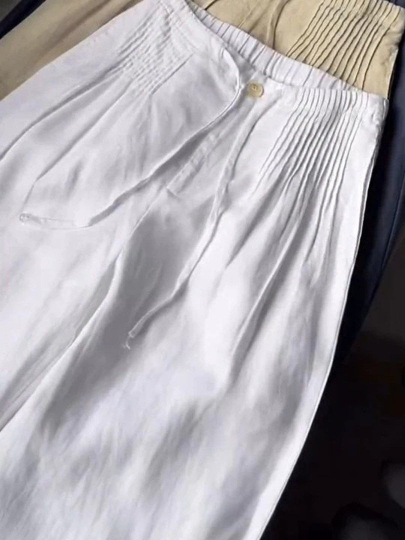 Womens Wide Leg Pants with Elastic Waistband in Linen Look
