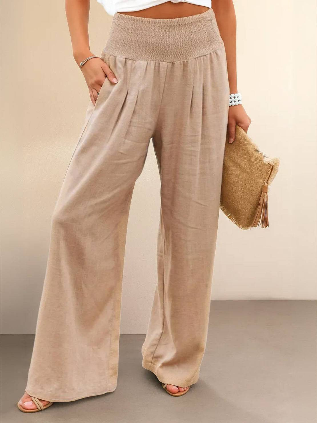 Womens Wide Leg Pants with Smocked High Waist in Linen Look