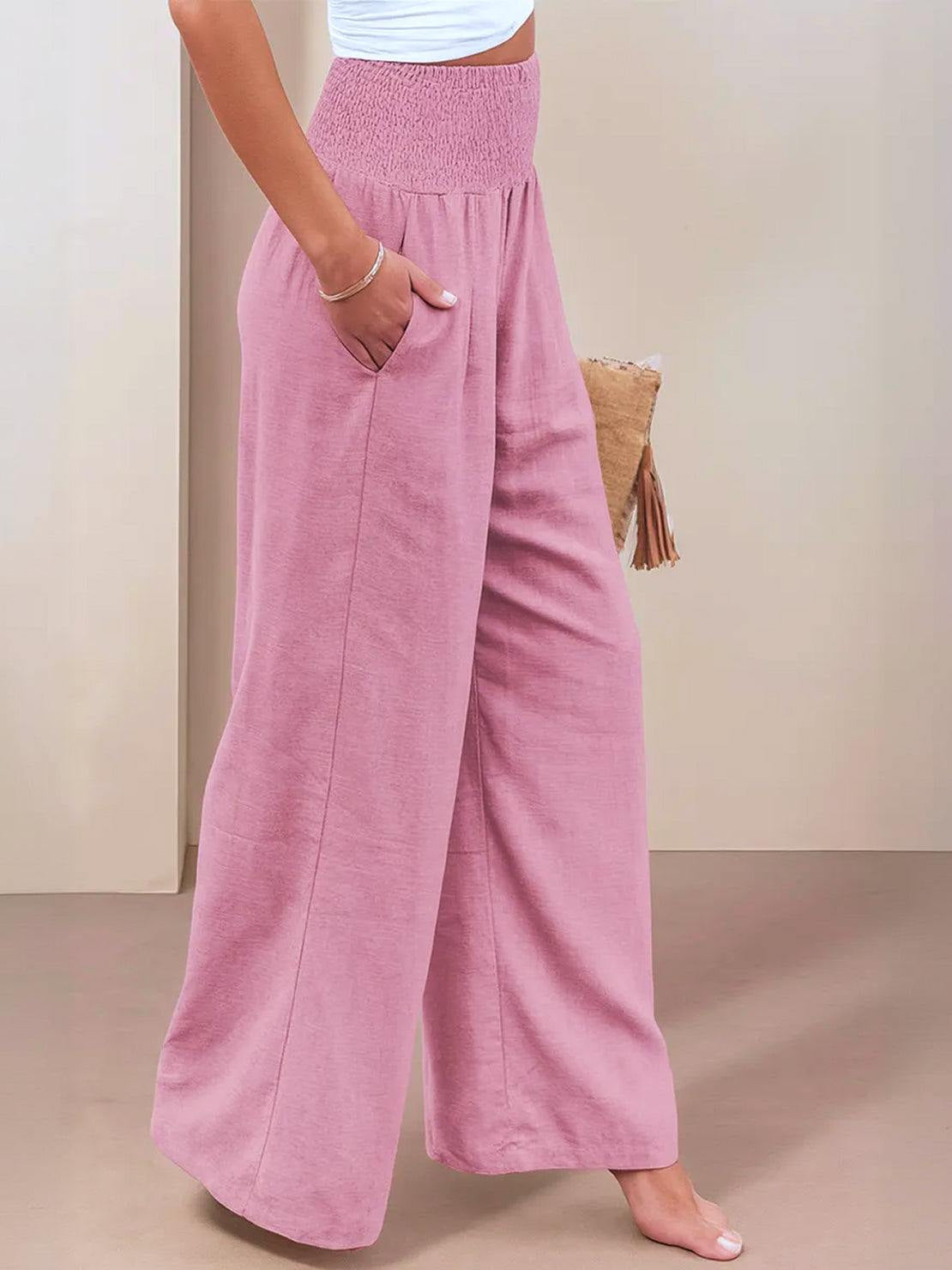 Womens Wide Leg Pants with Smocked High Waist in Linen Look