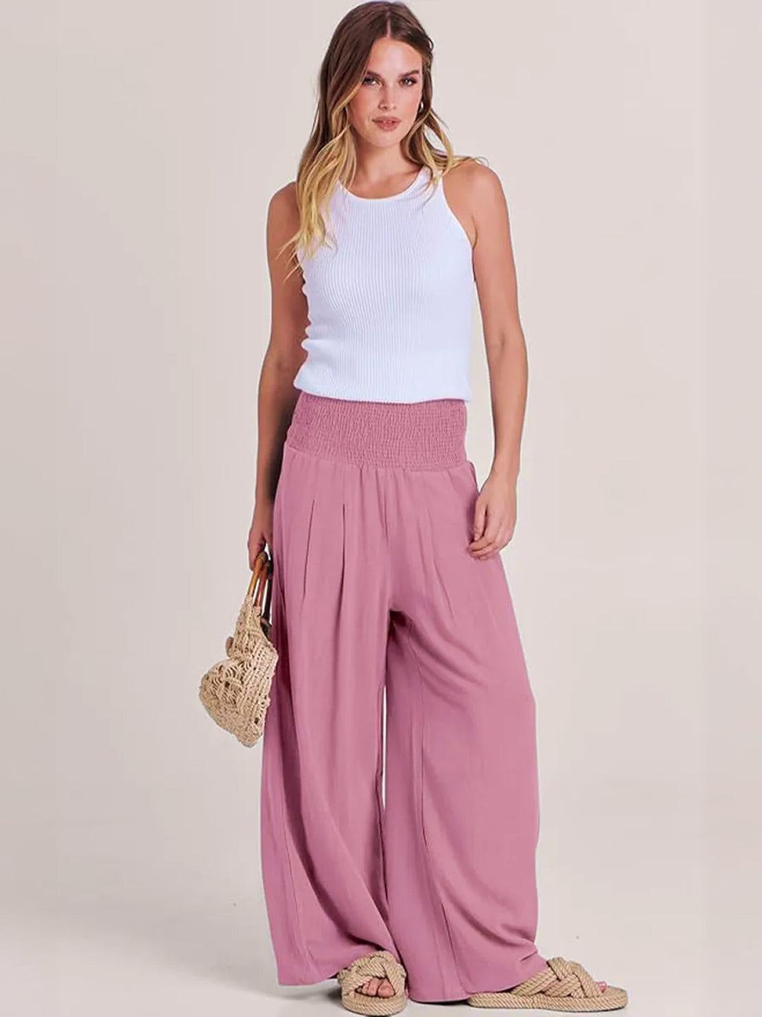Womens Wide Leg Pants with Smocked High Waist in Linen Look