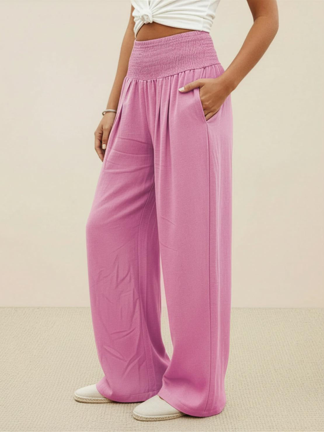 Womens Wide Leg Pants with Smocked High Waist in Linen Look