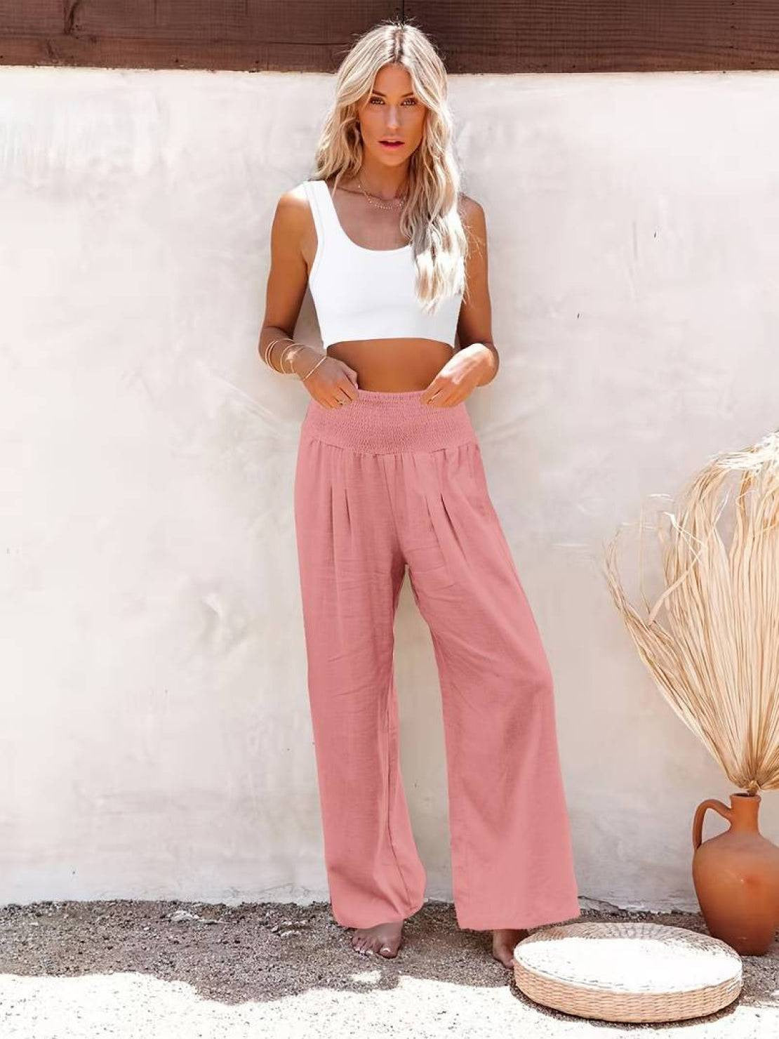 Womens Wide Leg Pants with Smocked High Waist in Linen Look