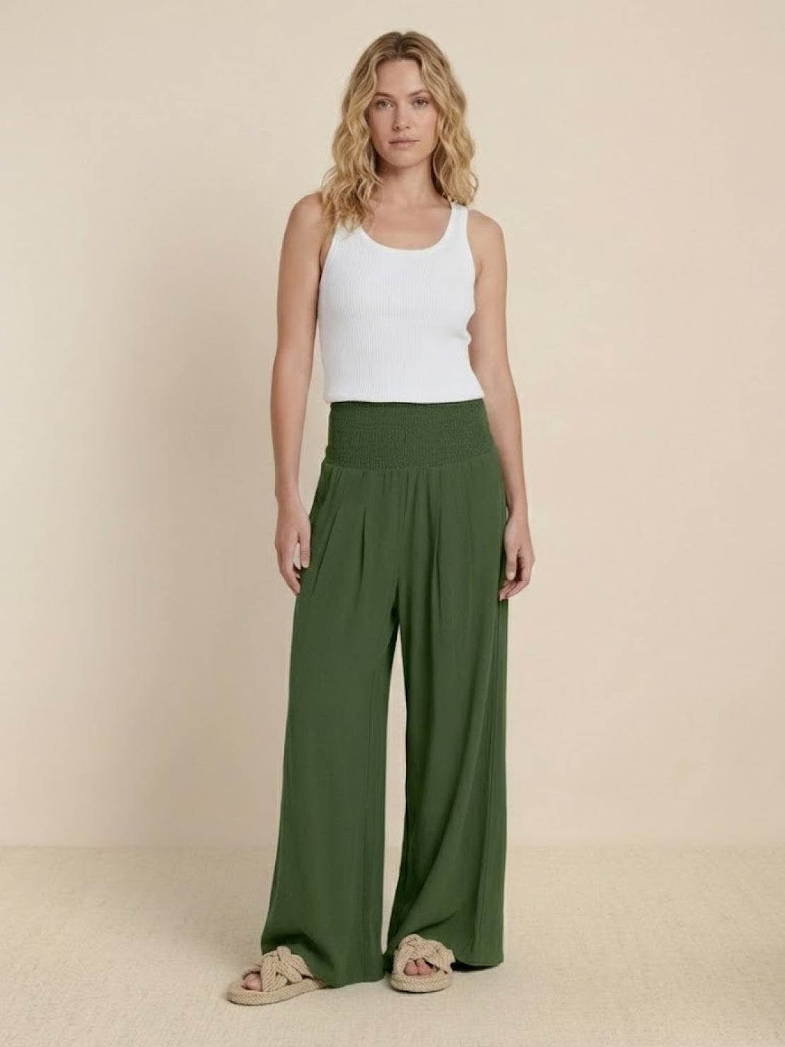 Womens Wide Leg Pants with Smocked High Waist in Linen Look