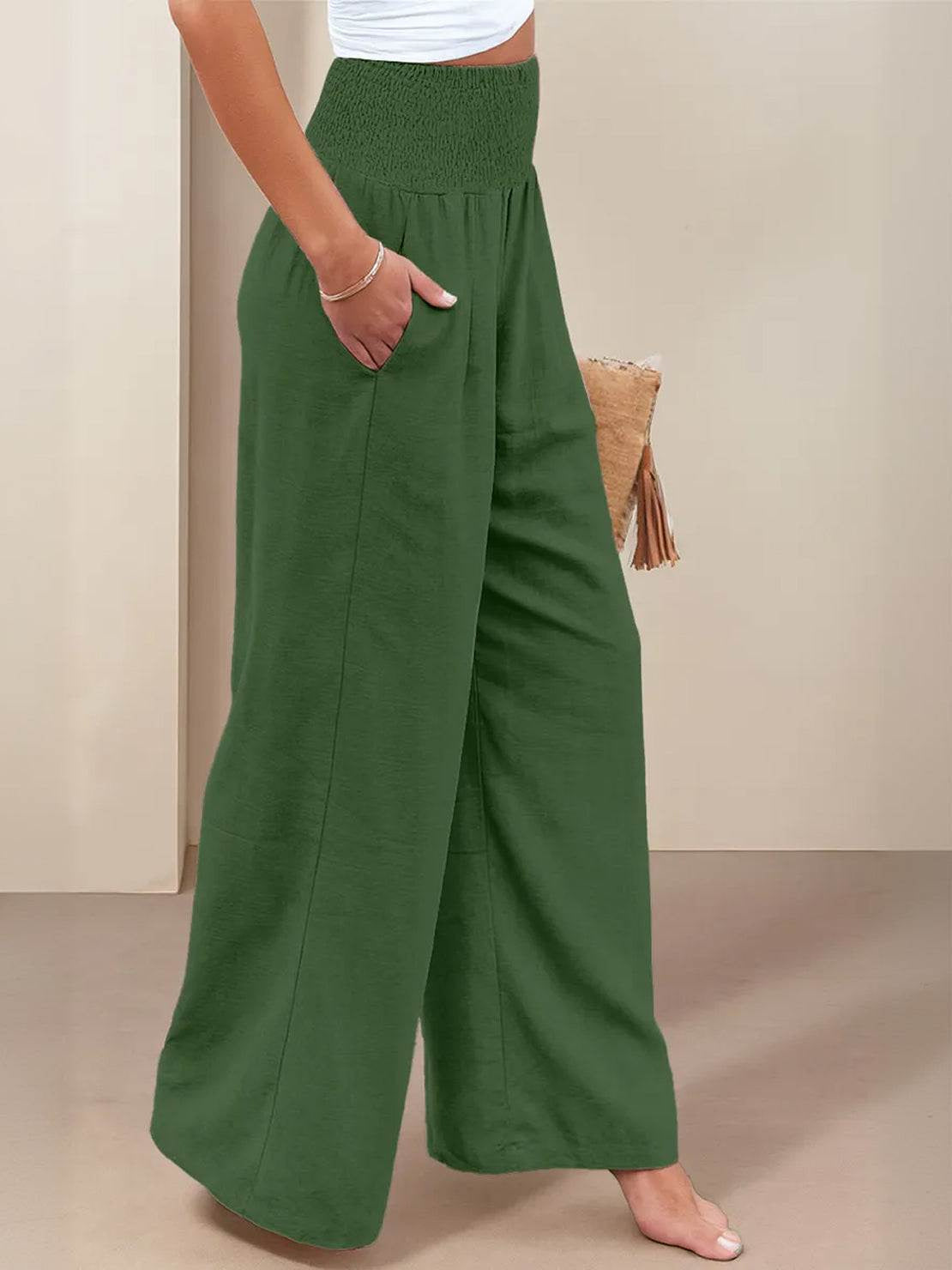 Womens Wide Leg Pants with Smocked High Waist in Linen Look
