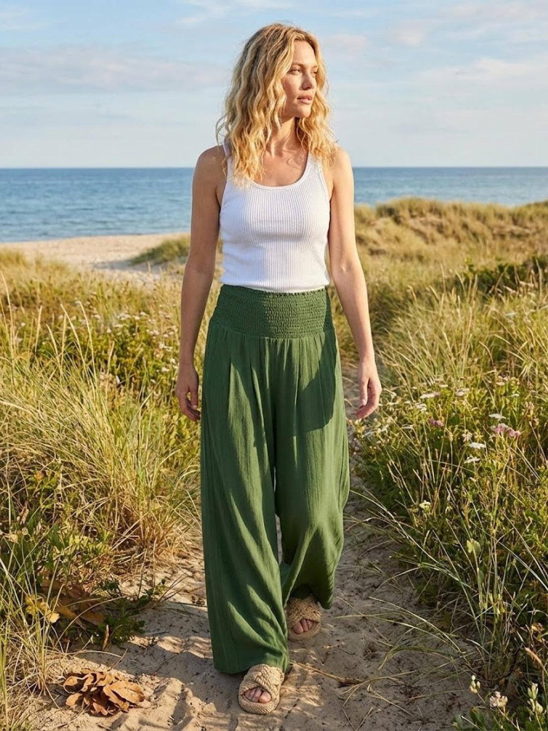 Womens Wide Leg Pants with Smocked High Waist in Linen Look