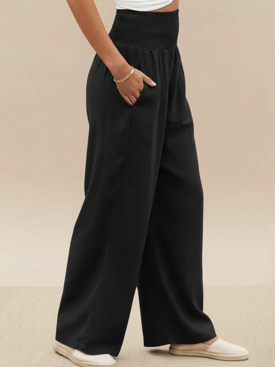 Womens Wide Leg Pants with Smocked High Waist in Linen Look