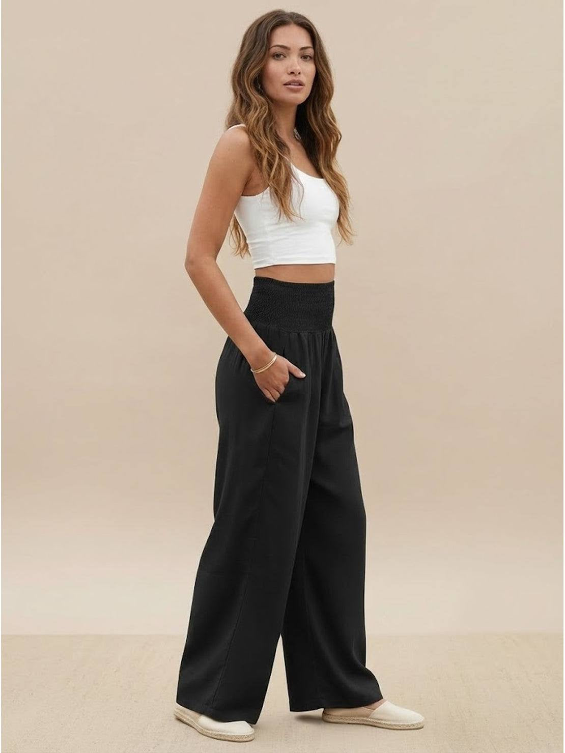 Womens Wide Leg Pants with Smocked High Waist in Linen Look