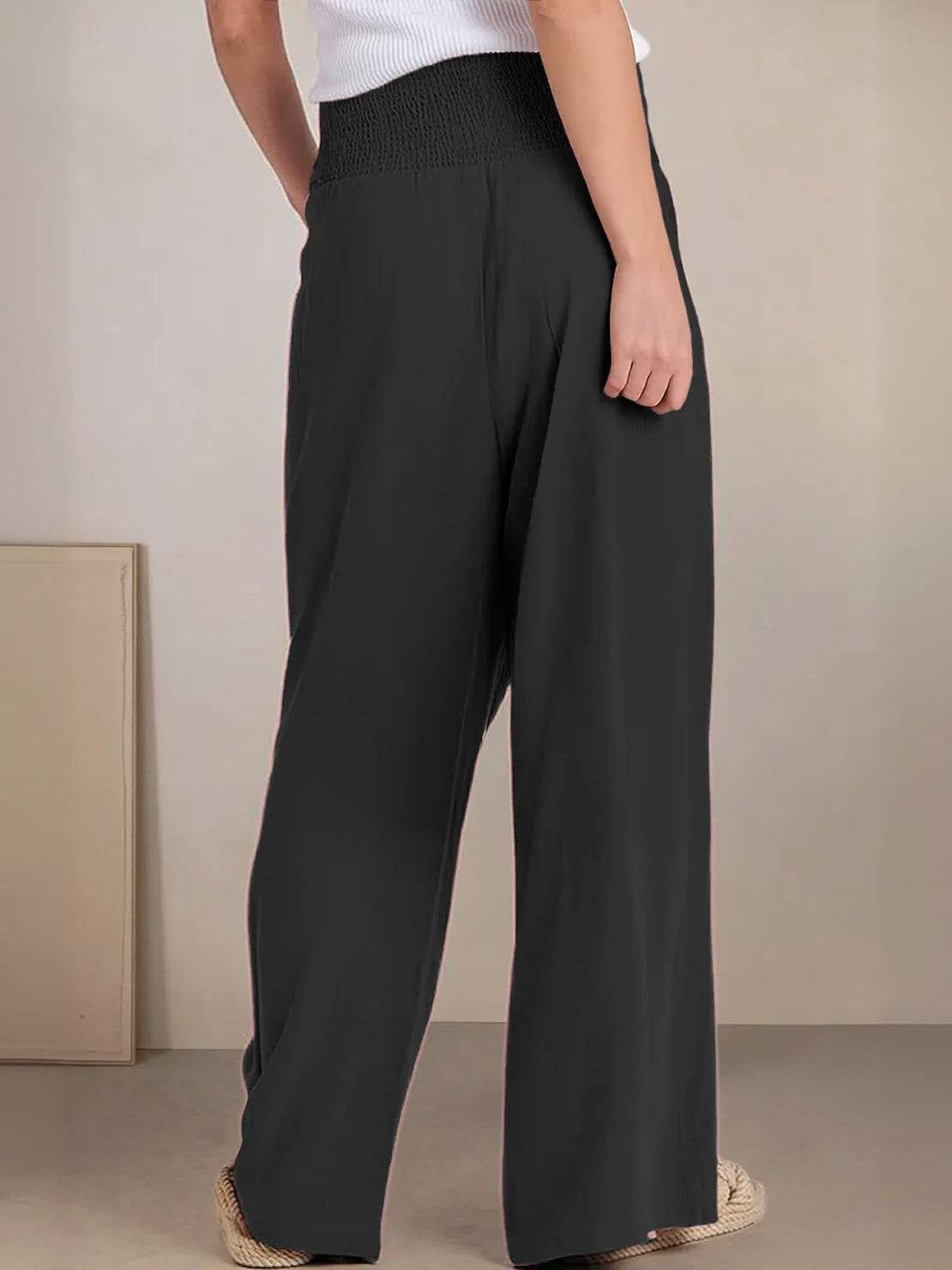 Womens Wide Leg Pants with Smocked High Waist in Linen Look