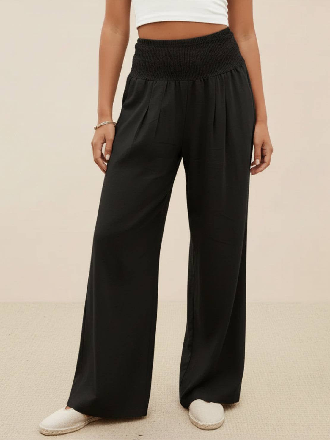 Womens Wide Leg Pants with Smocked High Waist in Linen Look